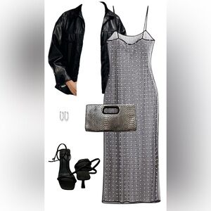 H&M Sheer Black Pearl-Embellished Mesh Slip Dress | Evening / Layering Piece